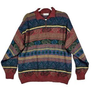 Vintage Piccadilly Sweater Mens XL Tall‎ Black Geometric Colorful Grandpa Y2K